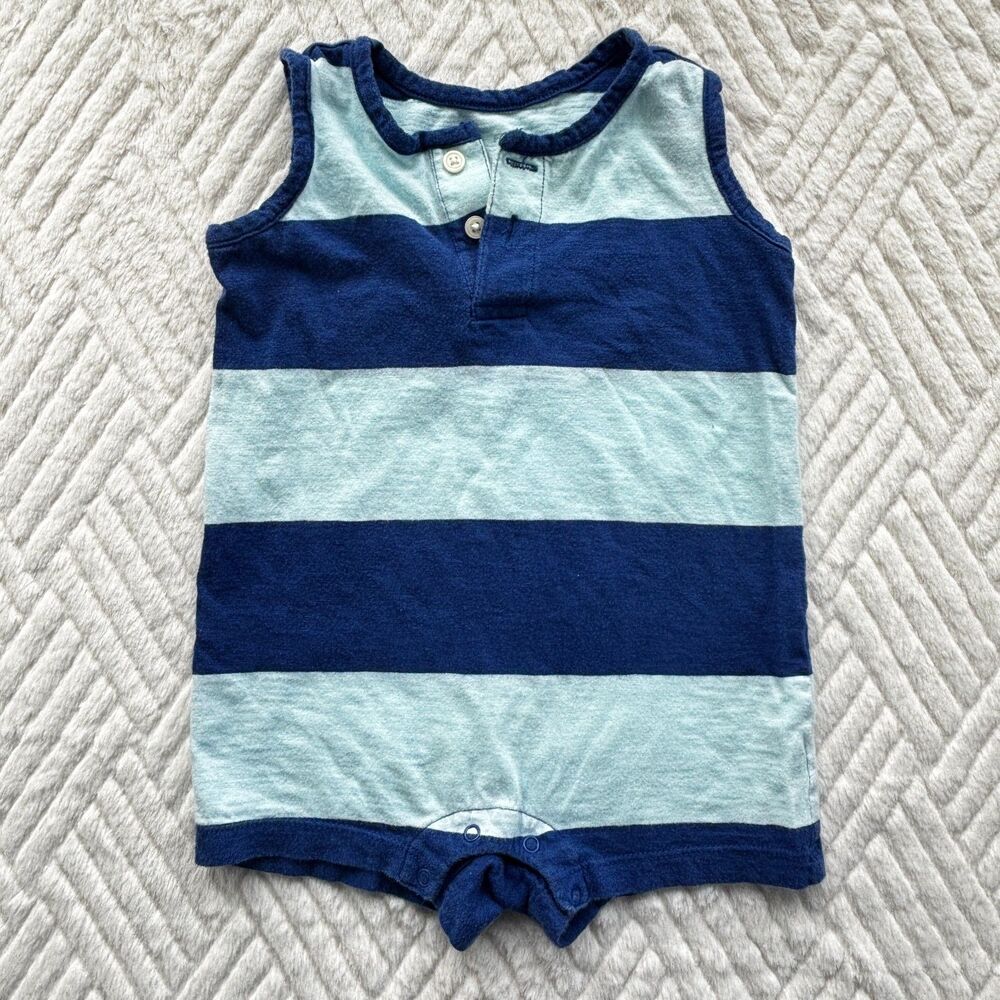 Primary 12-18M Blue Stripe Sleeveless Romper Henley Snap Baby Outfit